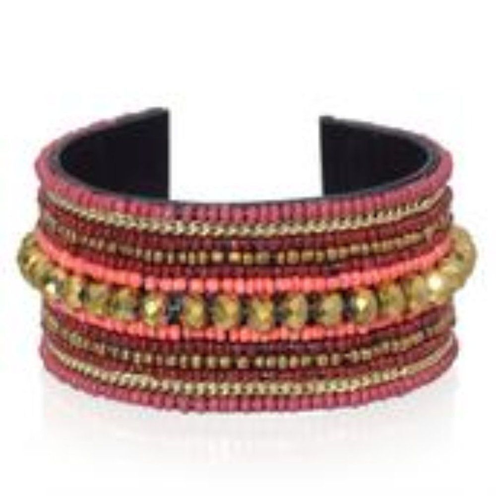 Golden and Fuchsia Glass Bead Cuff Bracelet in Goldtone